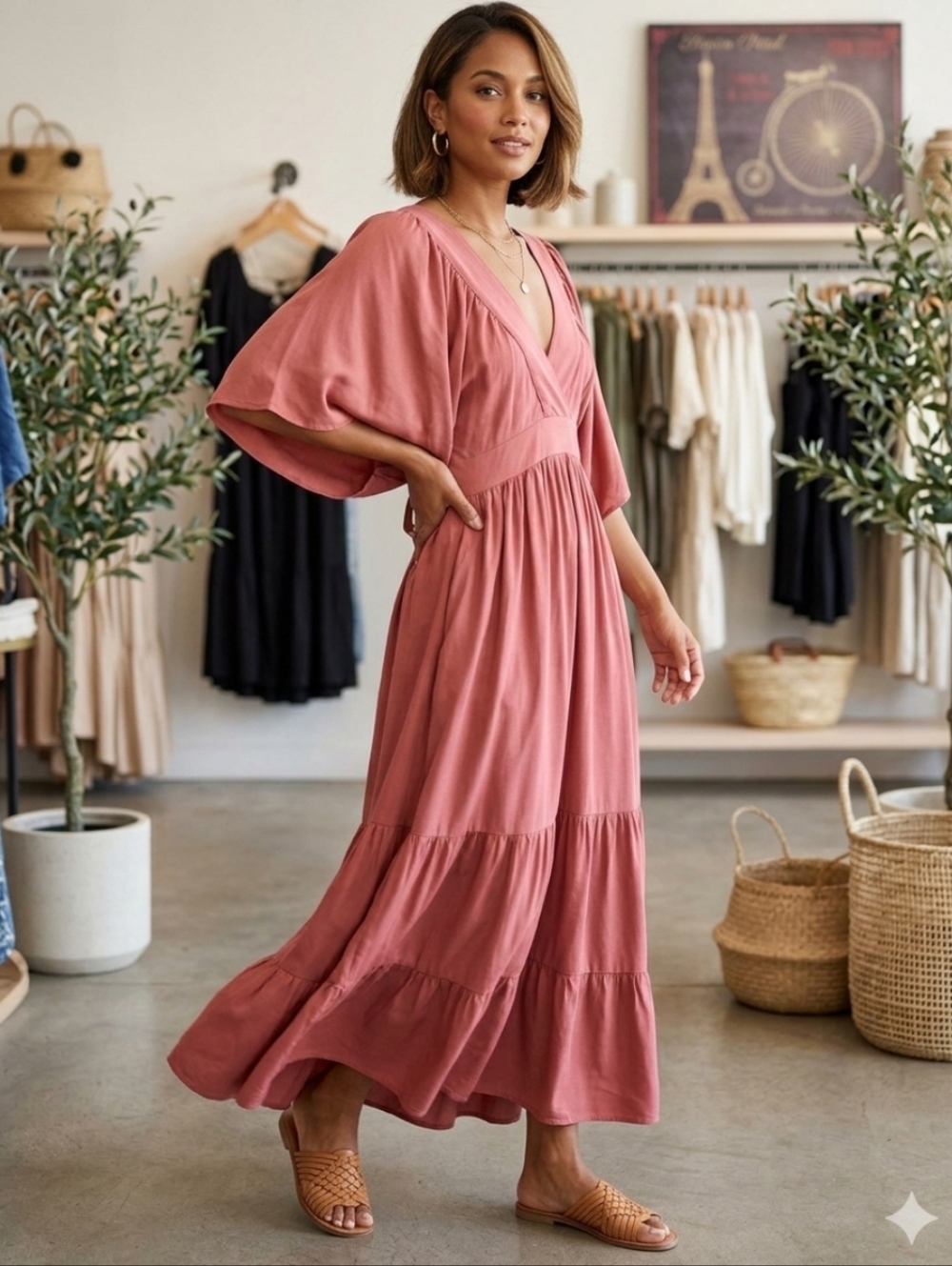 🦋Flowy V-Neck Maxi Dress in Dusty Rose Pit 25 With Strech AND Pockets